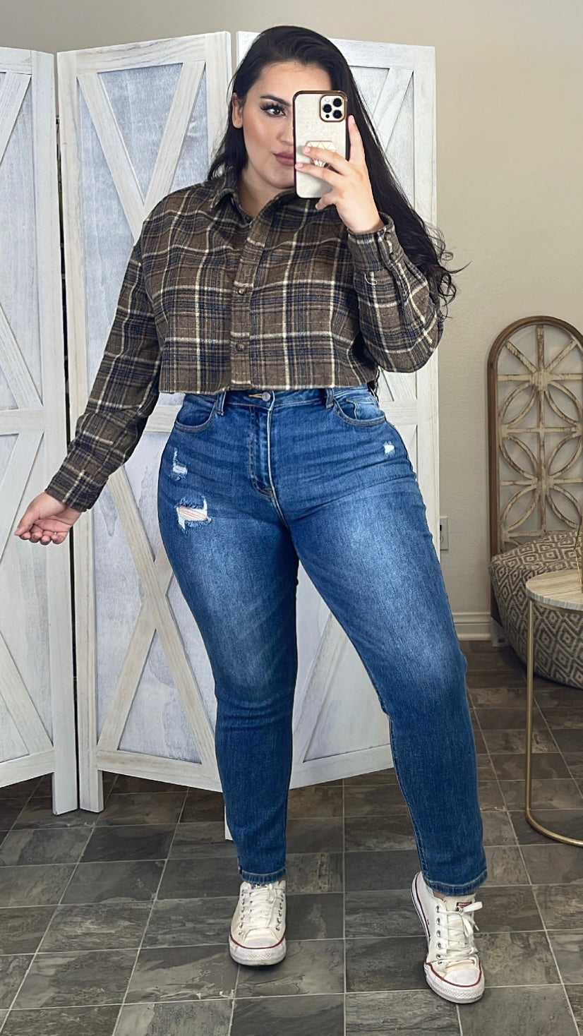 Fall Vibes Crop Flannel (Brown)