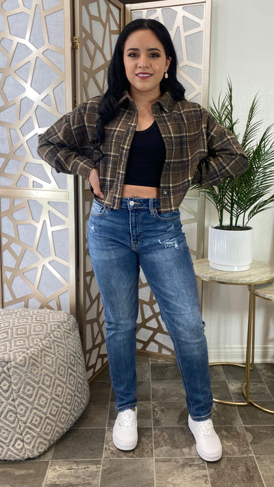 Fall Vibes Crop Flannel (Brown)