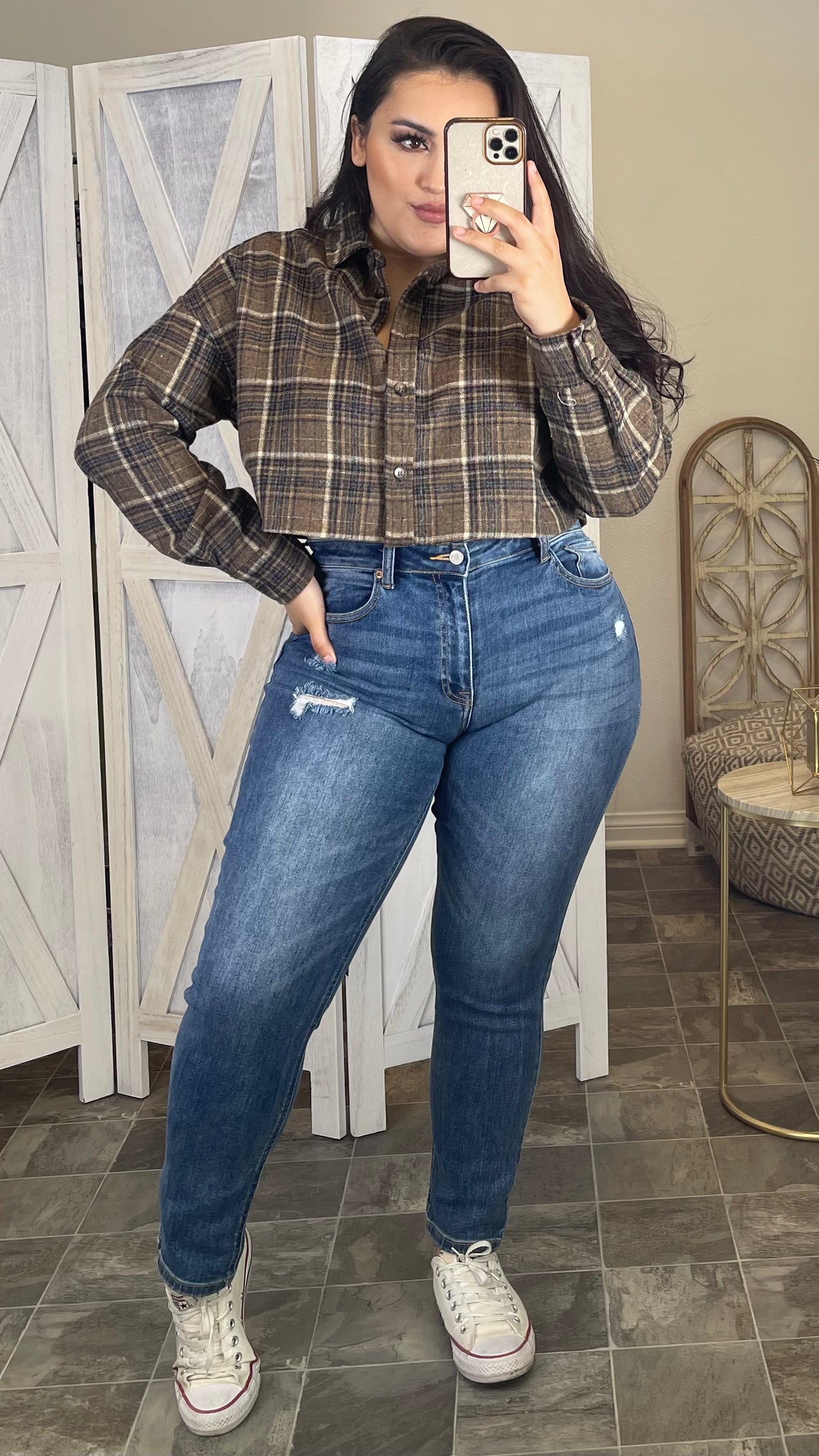 Fall Vibes Crop Flannel (Brown)