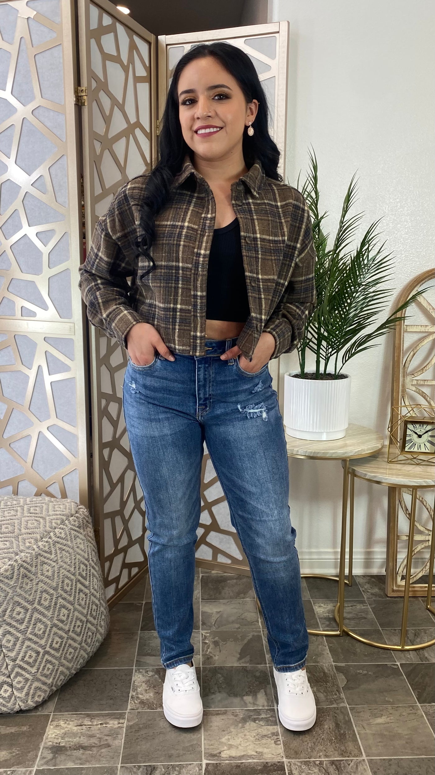 Fall Vibes Crop Flannel (Brown)