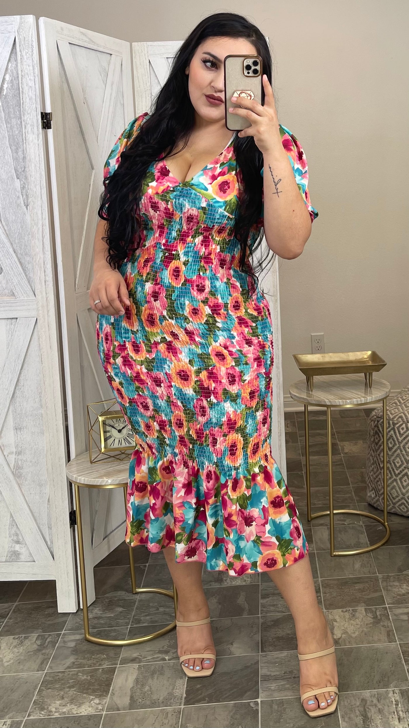 Katrina Smocked Midi Dress (Blue Floral)