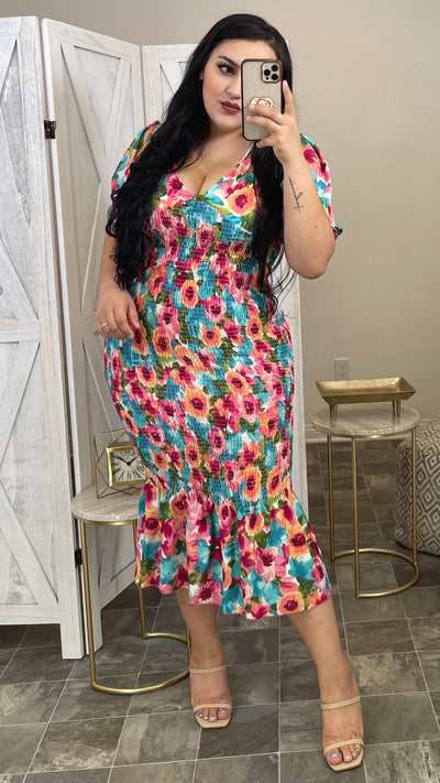Katrina Smocked Midi Dress (Blue Floral)