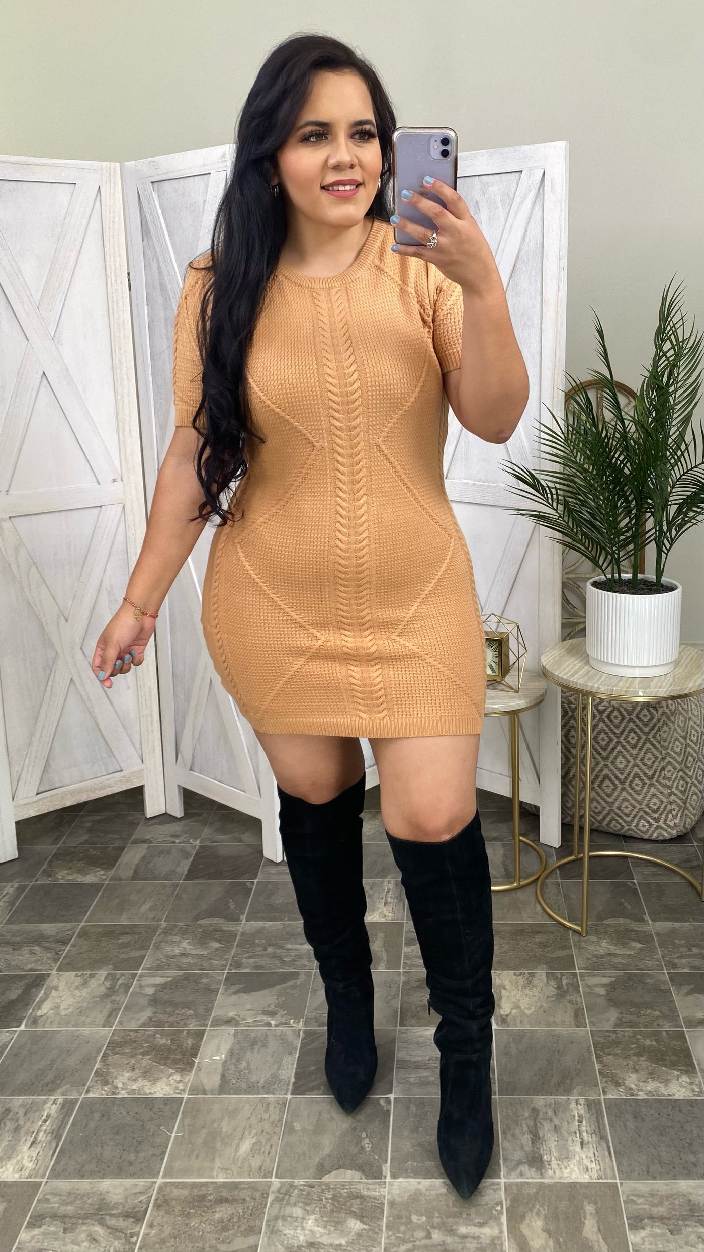 Set The Tone Sweater Dress (Camel)
