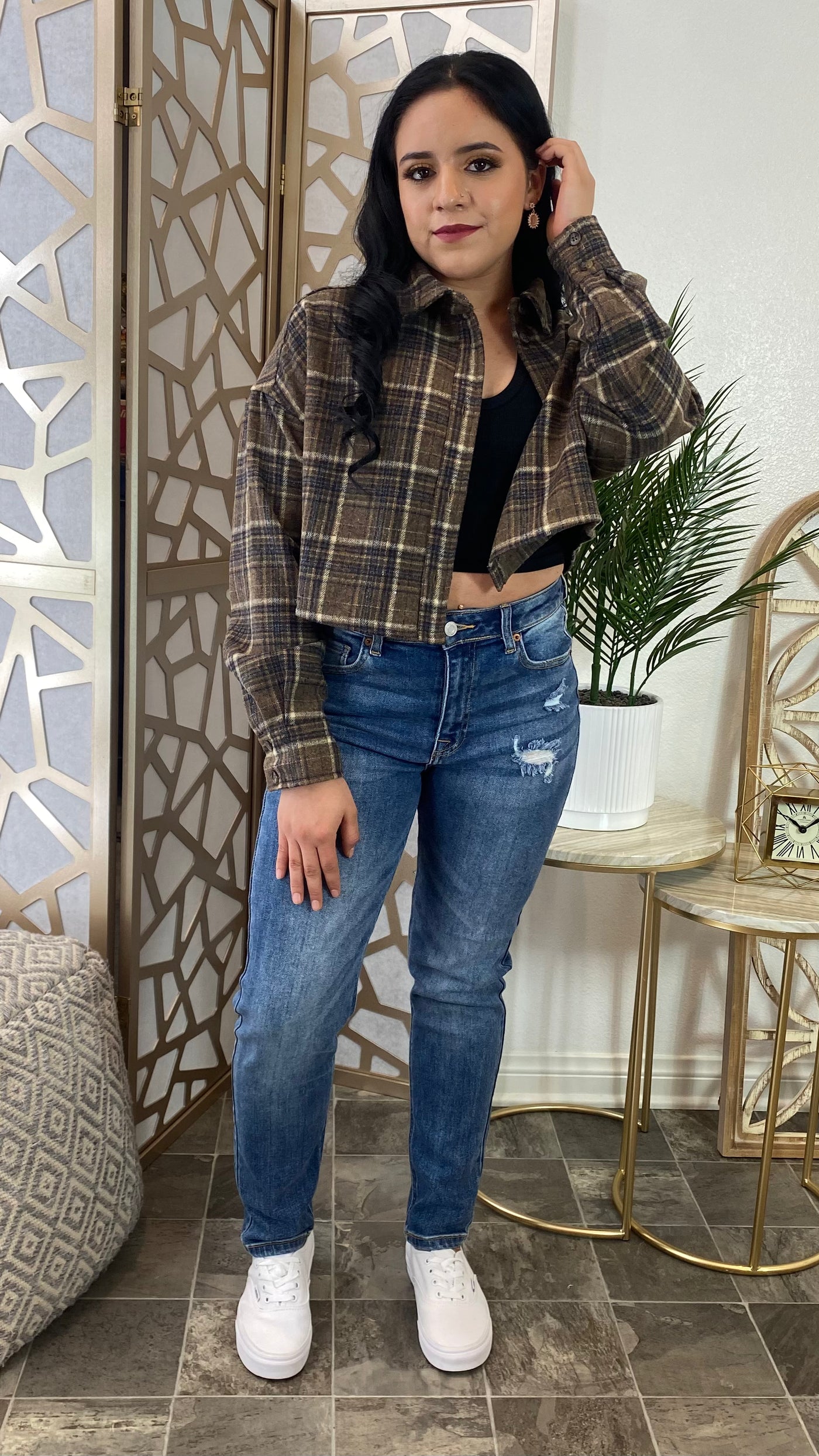 Fall Feeling Cropped Plaid Shirt - Brown Combo