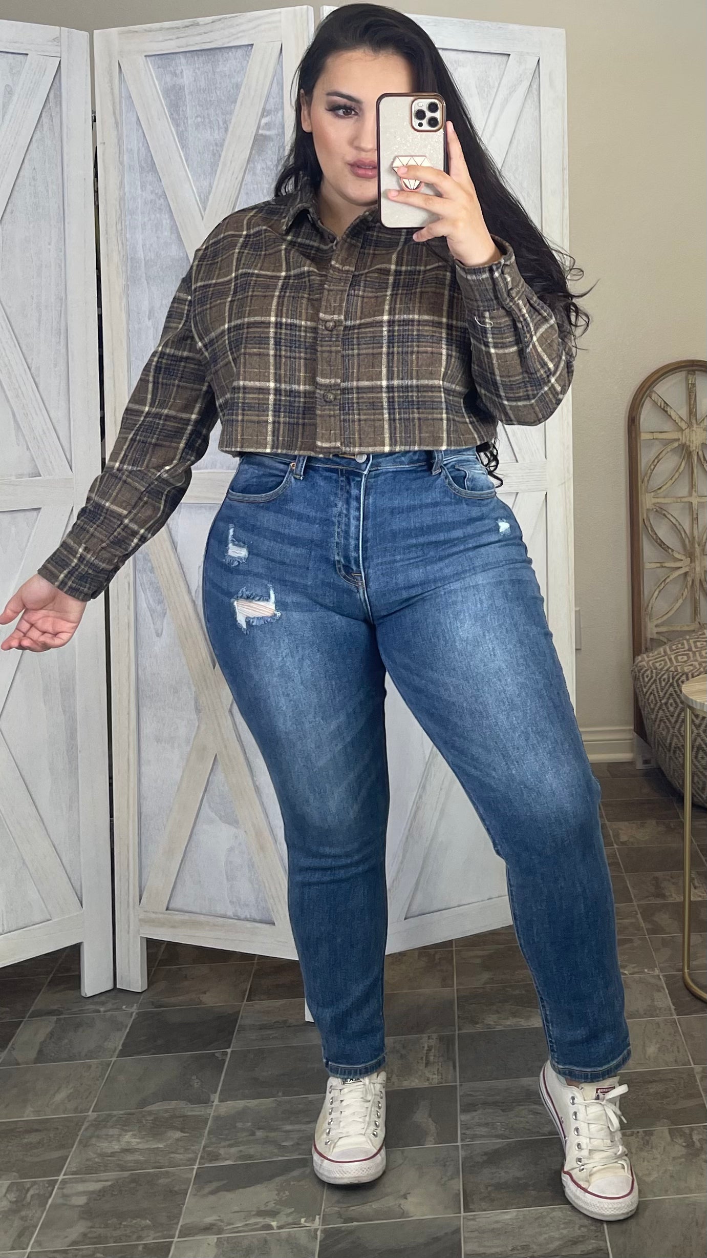 Fall Vibes Crop Flannel (Brown)