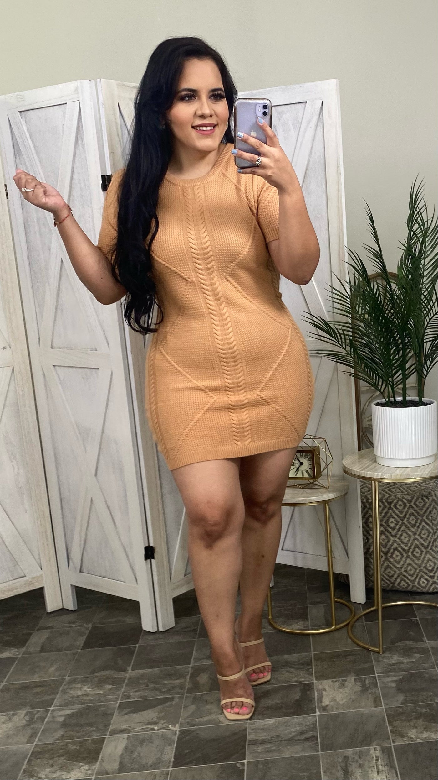 Set The Tone Sweater Dress (Camel)