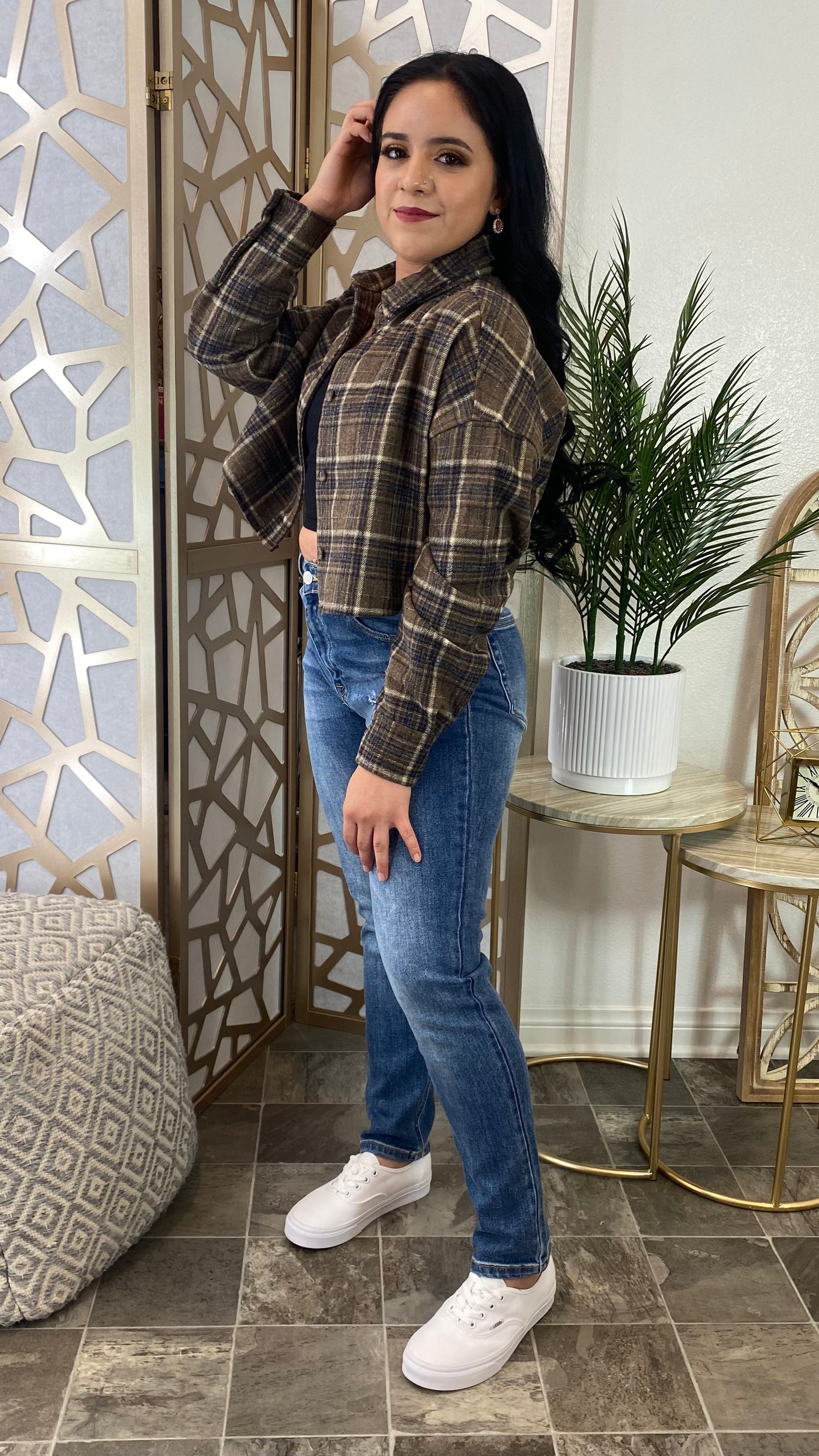 Fall Vibes Crop Flannel (Brown)