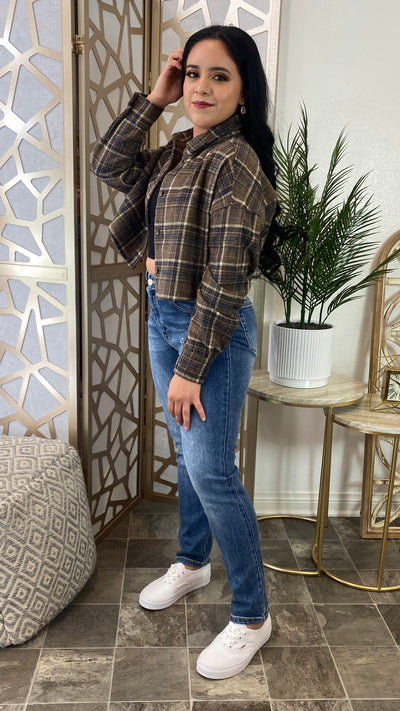 Fall Vibes Crop Flannel (Brown)