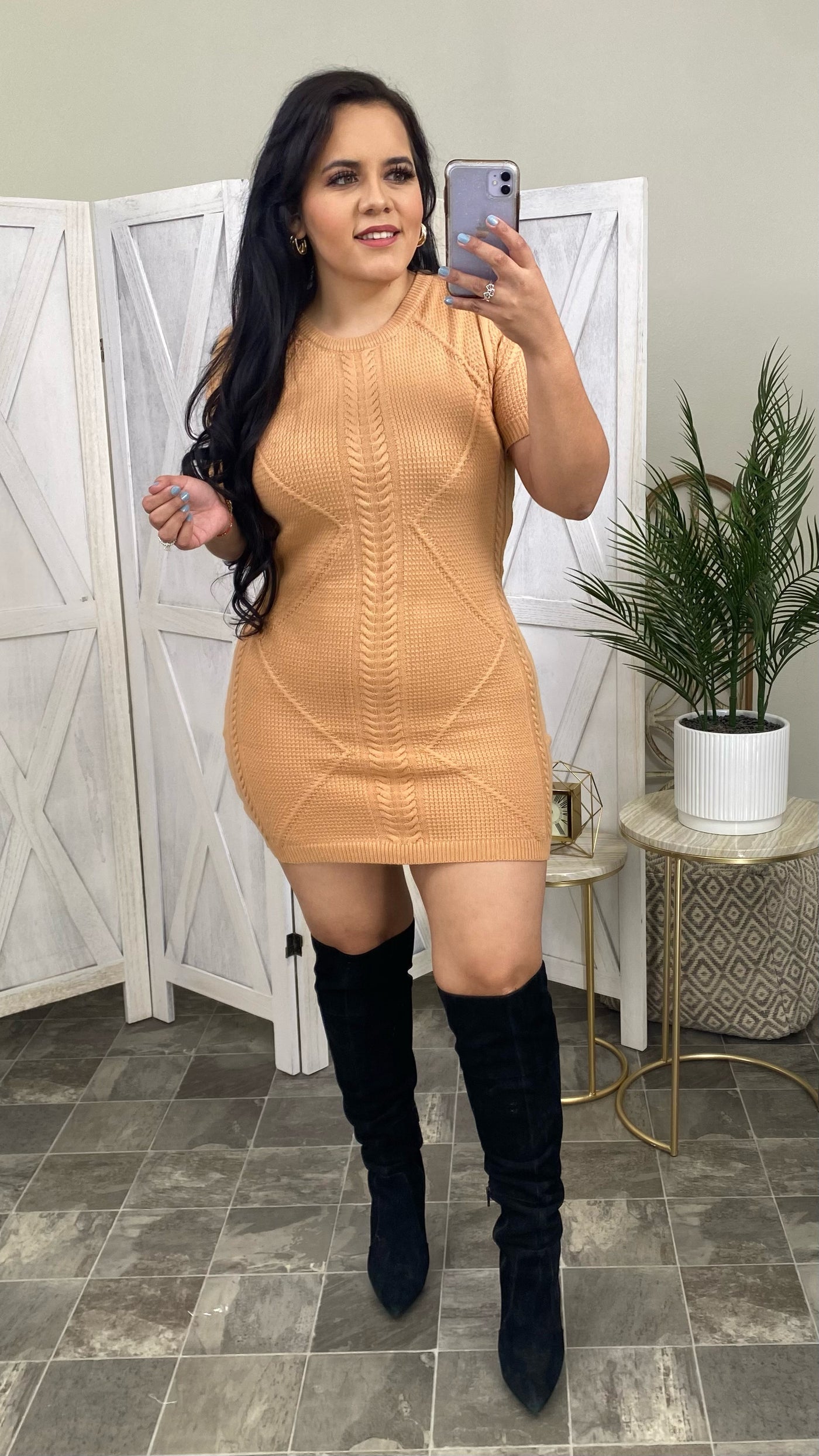 Set The Tone Sweater Dress (Camel)